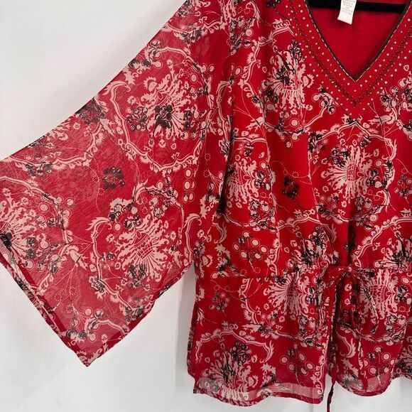 Vintage Y2K Fashion Bug Floral Beaded Bandana Print Tie‎ Waist Blouse Sheer 2X - Picture 10 of 13